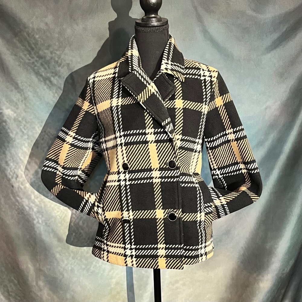 Ellen‎ Reyes Petite Plaid Cropped Jacket Black Tan White Double Breasted
